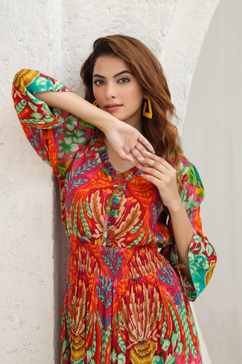 Women Abstract Printed Fit & Flare Maxi Ethnic Dress